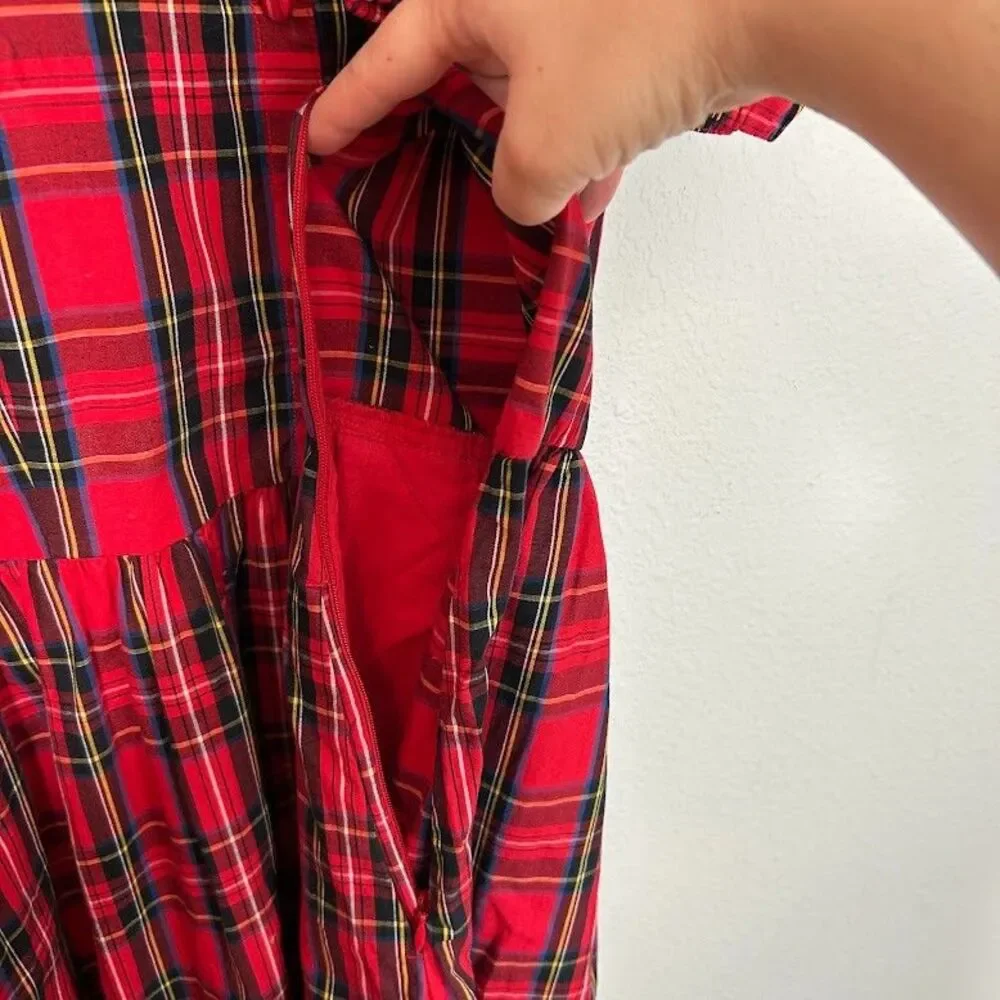 J. Crew Stewart Tartan Plaid Midi Dress 14 Red Puff Sleeve Cotton Blend Holiday